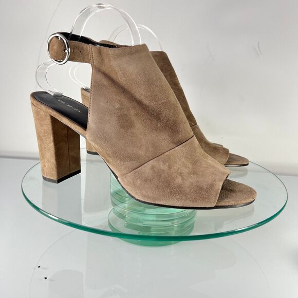 Via Spiga Edina Slingback Heel Sandal Taupe Suede Leather Peep Toe - Picture 1 of 9